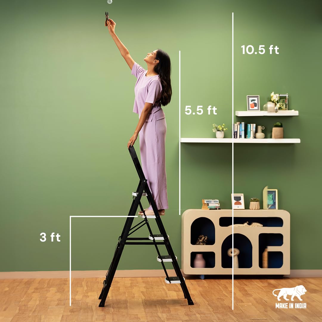 BonKaso Climb Steady Premium Alloy Steel Heavy Duty Multipurpose Foldable 5 Step Ladder with Connecting Frame & Belt Support, Load Capacity Upto 120kg | for Home and Outdoor - (Matte Black & White)