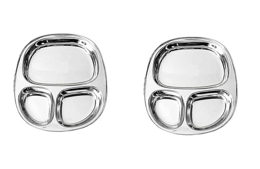 Dynore Stainless Steel 3 in 1 Three Compartment Nasta/Snacks/Kids Nasta Plate/Partition Plate- Set of 2