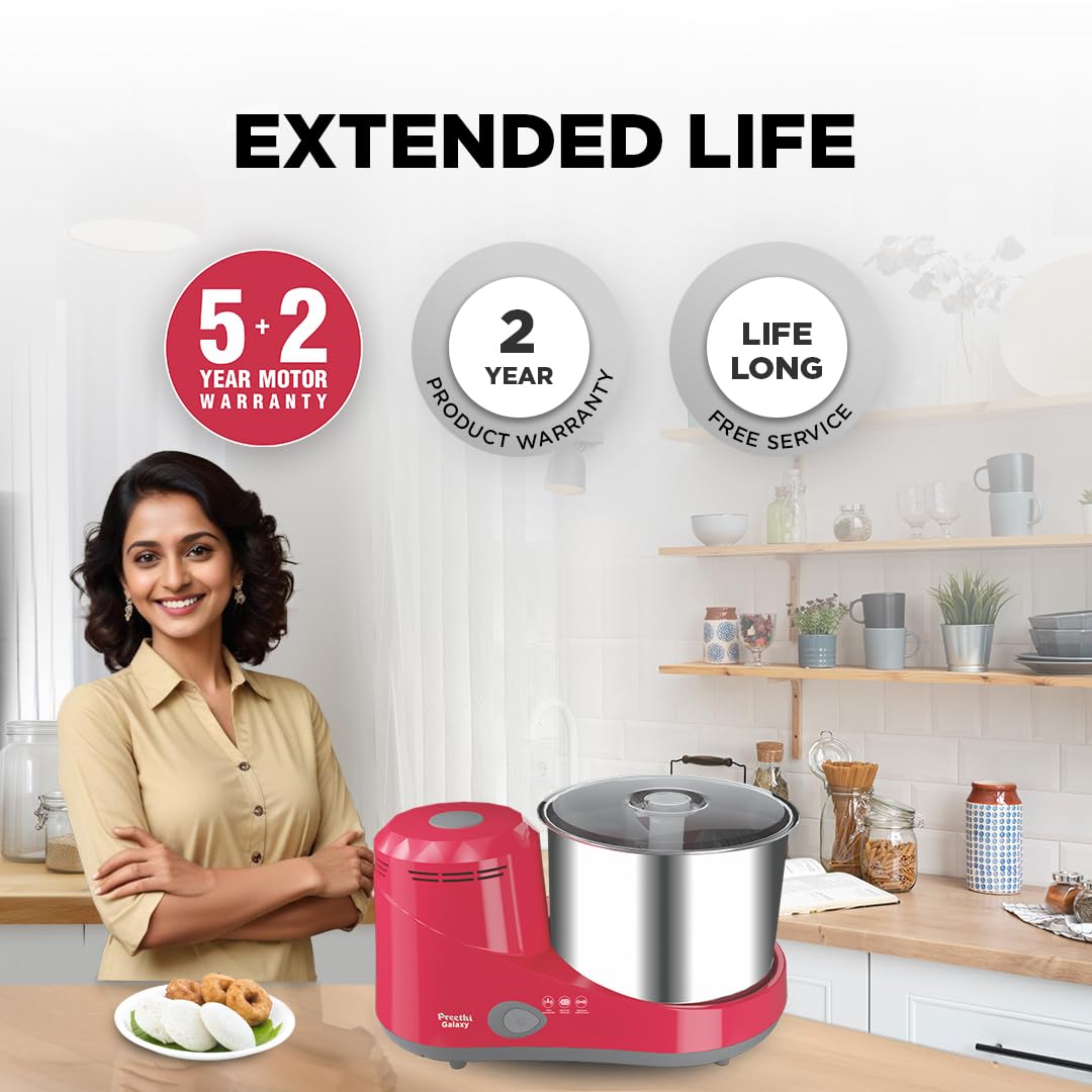 Preethi Wet Grinder|150W 2L Stainless Steel Table Top Wet Grinder|Ideal for Making South Indian Batter in Your Kitchen (Galaxy)