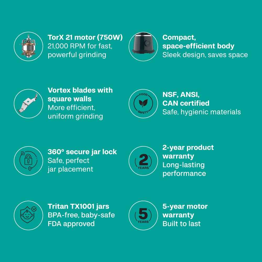 Butterfly Xeno 750W Mixer Grinder | 3 Eastman Tritan Jars (Baby Safe-FDA Approved) | Vortex Blade+Square Jars-Efficient Grinding | Secure Jar Lock | Torx21 Motor | 5 Yr Warranty