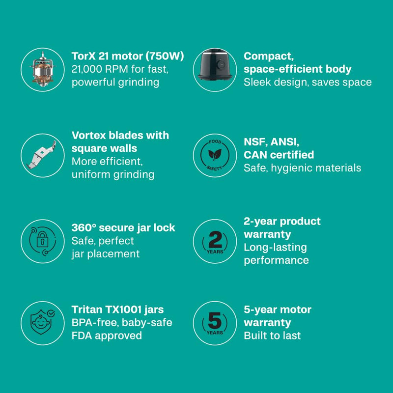 Butterfly Xeno 750W Mixer Grinder | 3 Eastman Tritan Jars (Baby Safe-FDA Approved) | Vortex Blade+Square Jars-Efficient Grinding | Secure Jar Lock | Torx21 Motor | 5 Yr Warranty