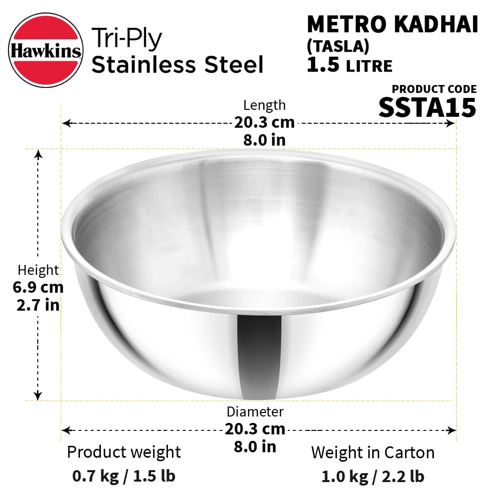 Hawkins 1.5 Litre Metro Kadhai, Triply Stainless Steel Induction Tasla, Silver (SSTA15)