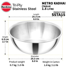 Hawkins 1.5 Litre Metro Kadhai, Triply Stainless Steel Induction Tasla, Silver (SSTA15)
