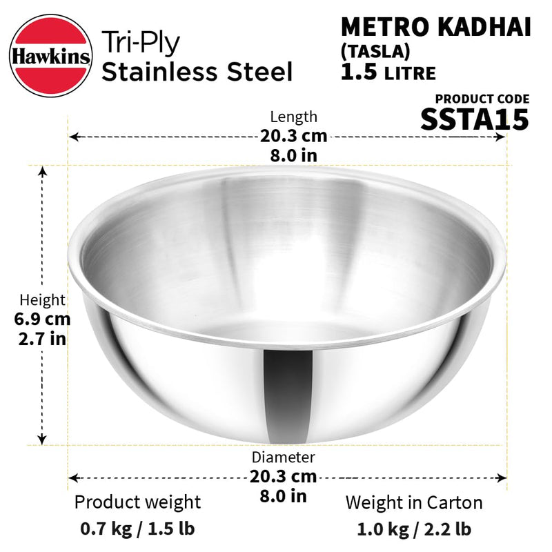 Hawkins 1.5 Litre Metro Kadhai, Triply Stainless Steel Induction Tasla, Silver (SSTA15)