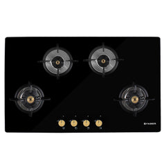 Faber Hob/Hobtop 4 Brass Burner Auto Ignition Glass Top Gas Stove(Maxus HT904 CRS BR CI AI) Black