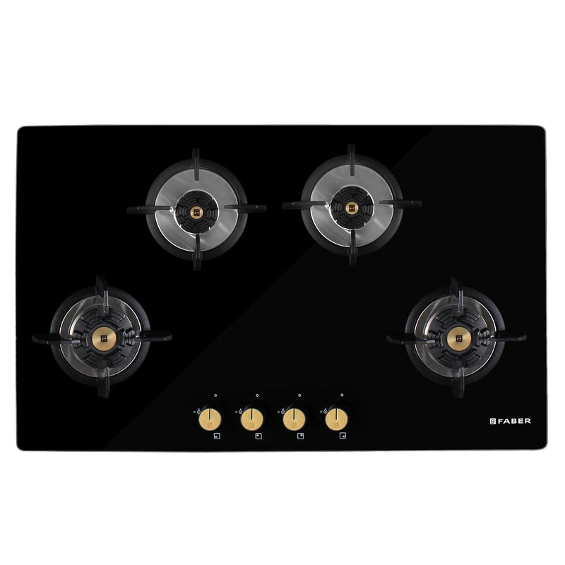 Faber Hob/Hobtop 4 Brass Burner Auto Ignition Glass Top Gas Stove(Maxus HT904 CRS BR CI AI) Black