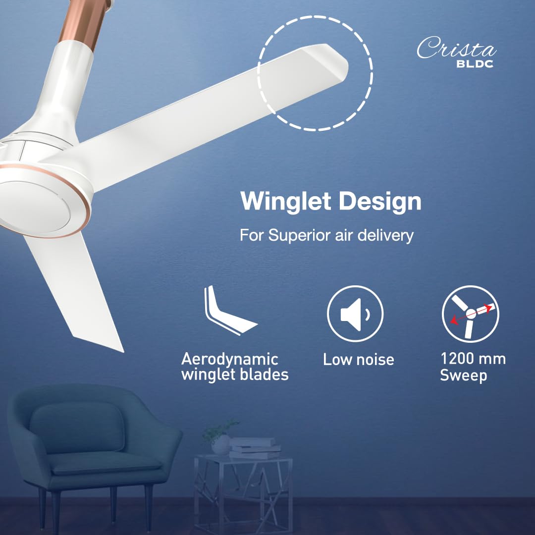Havells 1200mm Crista BLDC Motor Ceiling Fan | Premium Finish with RF Remote, 100% Copper, Upto 60% Energy Saving | Low Noise: 55dB, 2 Year Warranty | (Pack of 1, Pearl White LT Copper)