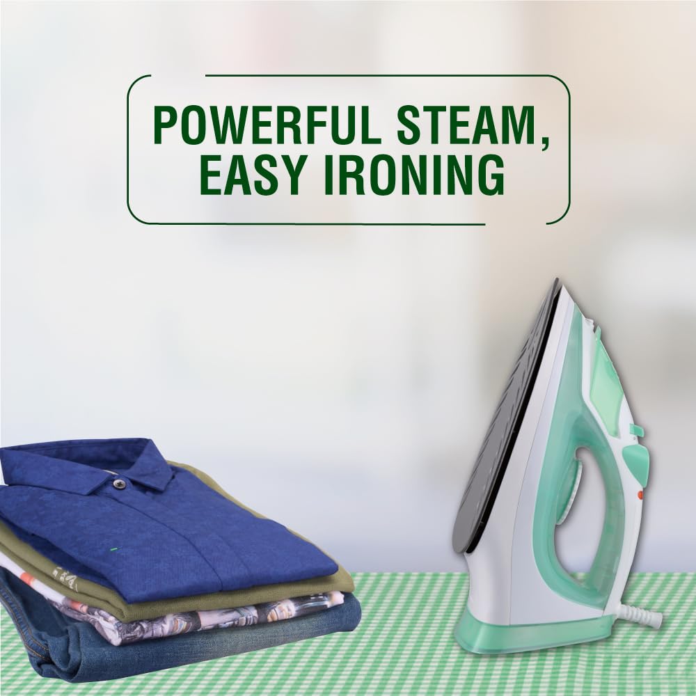Usha 3816 1600W Steam Iron with Shock Proof Body | Teflon Coated Soleplate | Powerful Steam Output upto18gm/min | 280ml Water Tank Capacity | Overheat Safety Shutoff | 2 Years Warranty|(Green & White)