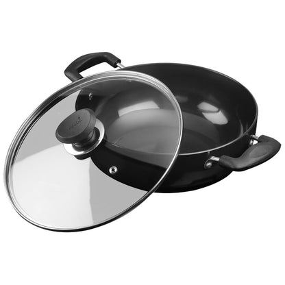 Vinod Black Pearl Hard Anodised Non Stick Deep Kadhai with Glass Lid - 9.5 LTR, 34 cm | 3.25mm Thickness | kadai for Cooking | Metal Spoon Friendly | 2 Year Warranty