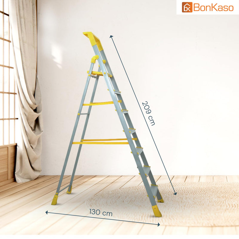 Bonkaso Climb Lite Pro+ 7 Step - Aluminium Foldable Ladder with Tool Tray (130W x 209H Cm) | Heavy-Duty, Anti-Slip & Firm Grip for Home, Indoor & Outdoor Use | Durable & Portable (Yellow & Satin)