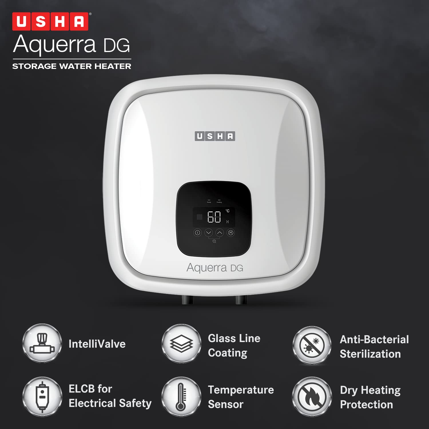 Usha Aquerra DG 25 Litre 5 Star Digital Storage Water Heater with Remote (White), Wall Mounting