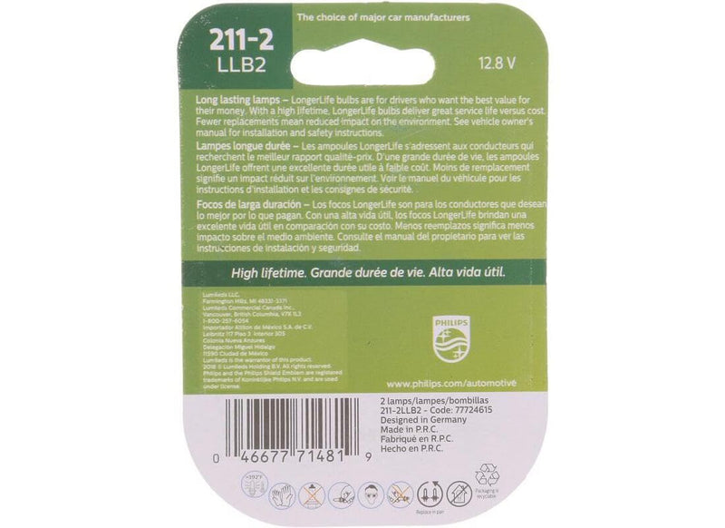 Philips 211-2 LongerLife Miniature Bulb, 2 Pack (Pack of 2)