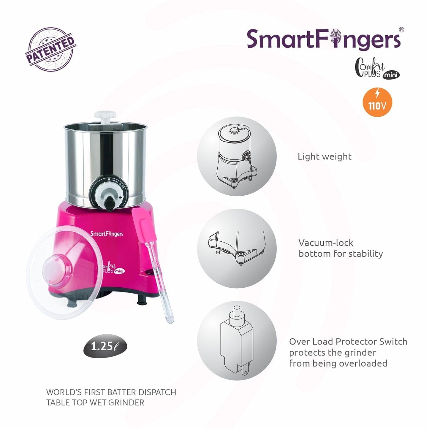 SmartFingers Stainless Steel Comfort Plus Table Top Magic Wet Grinder 110V 60Hz (1.25 L) For Usa Canada And Japan Only, Pink