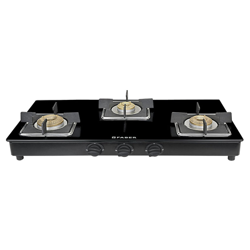 Faber Glass Top 3 Burner Gas Stove (Hob Cooktop Pearl 3BB BK) with Jumbo Burner, Diamond Coated Pan Support, Manual Igni