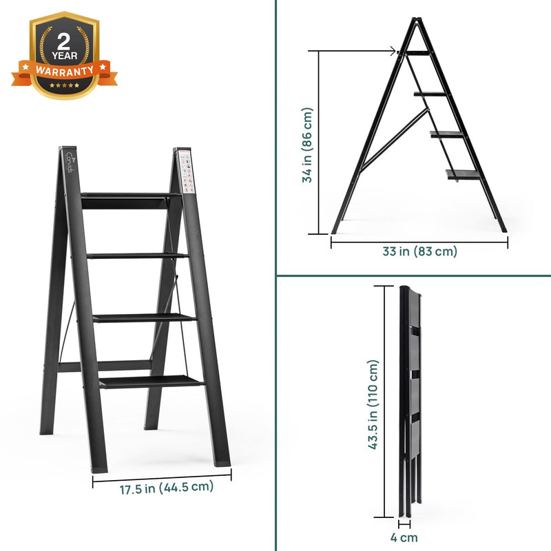 Corvids 4-Steps Premium Folding Step Stool | 2-Year Warranty | Wide Anti-Slip Pedal, Portable Lightweight Aluminum Step Ladder for Home and Office Use (Black)