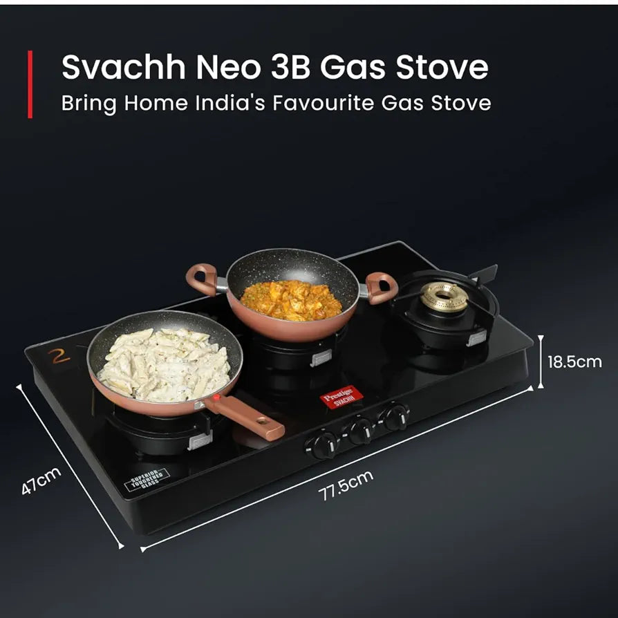 Prestige Svachh Neo Gtsn 03 Toughened Glasstop Gas Stove with Liftable 3 Burners , Open