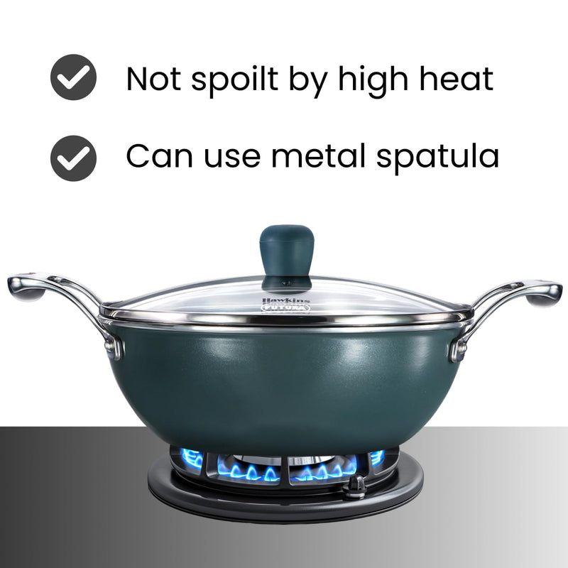 Hawkins Olive Pro 2.5 Litre Deep-Fry Pan, Triply Stainless Steel Kadhai with Stainless Steel Handles and Glass Lid, Green (POSK25G)