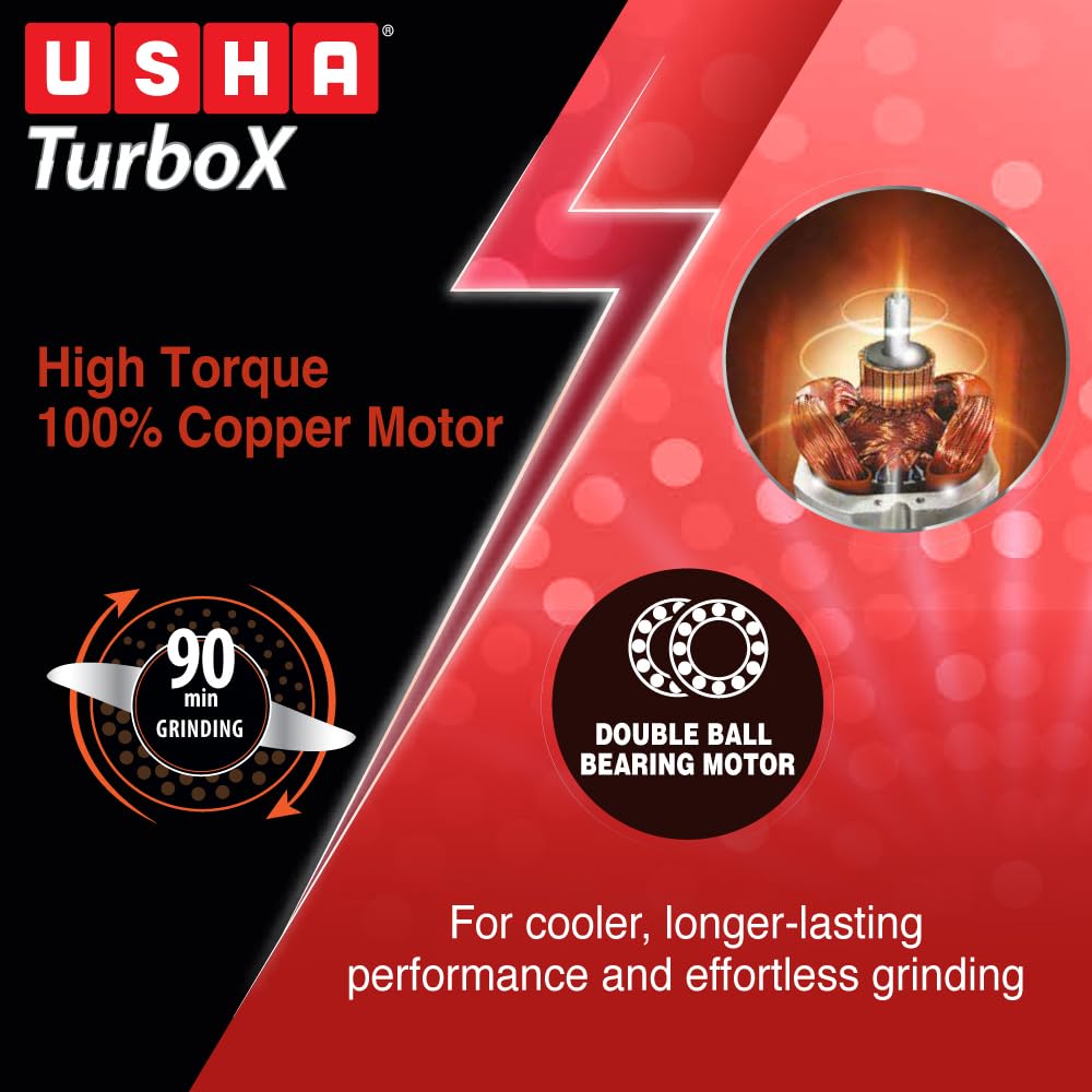 USHA 1200W TurboX Mixer Grinder | Faster and finer grinding | 100% Copper motor for long life, durability | 4 Stainless Steel Jars With Fruit Filter | 24000 rpm | 90 minutes continuous run time