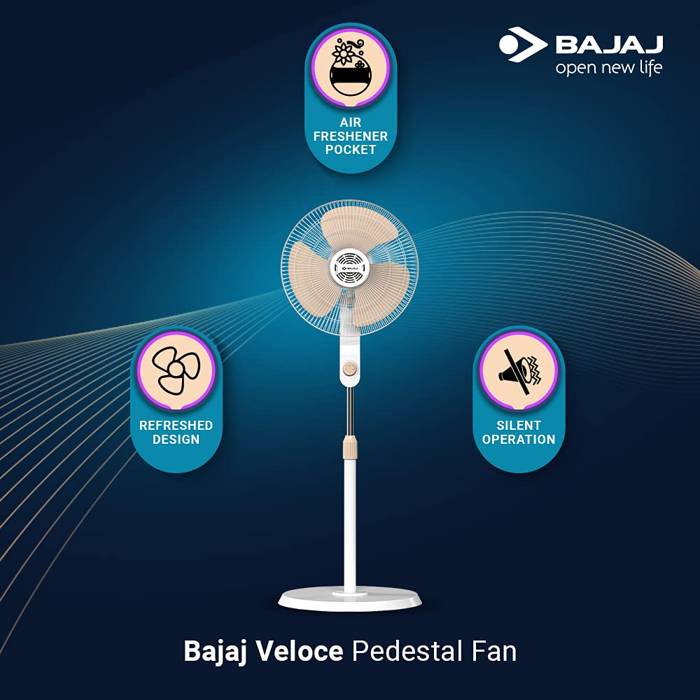 Bajaj Veloce 400 MM Pedestal Fan For Home | Air Freshener Pocket | 100% Copper Motor | High Air Delivery | 2 Yrs Warranty 【Champagne Fizz】