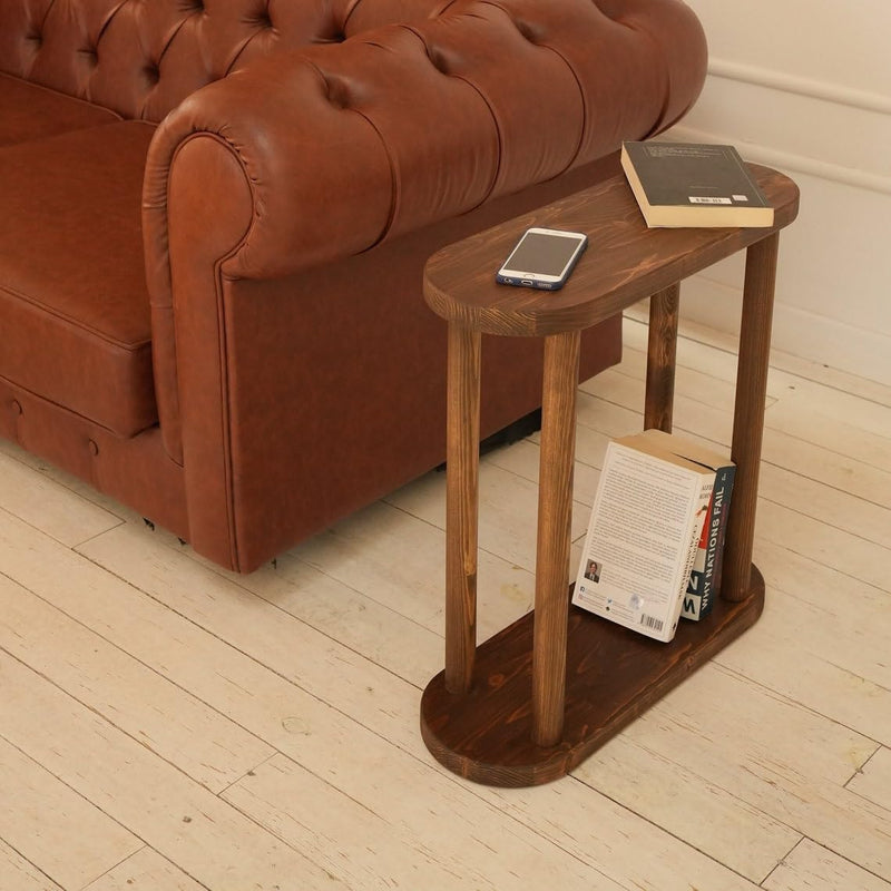 Walnut Wood Round End Table | Oval Bedside Coffee Table for Living Room | Handmade Rustic Furniture for Home De