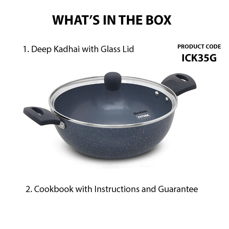 Hawkins Ceramic Nonstick 3.5 Litre Deep Kadhai, Induction Deep Fry Pan with Glass Lid, Granite Kadai (ICK35G)