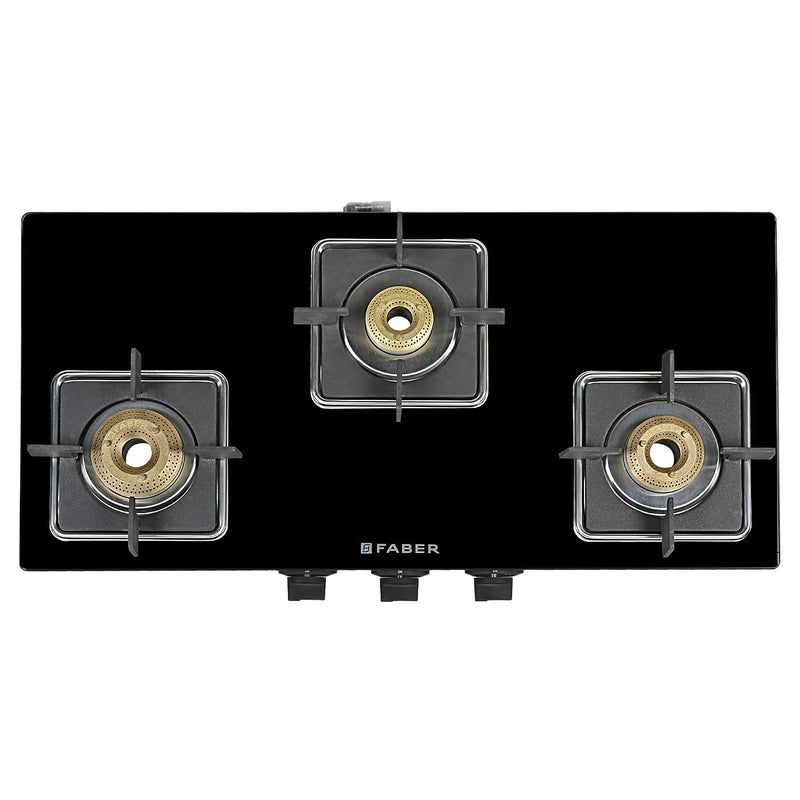 Faber Glass Top 3 Burner Gas Stove (Hob Cooktop Pearl 3BB BK) with Jumbo Burner, Diamond Coated Pan Support, Manual Igni