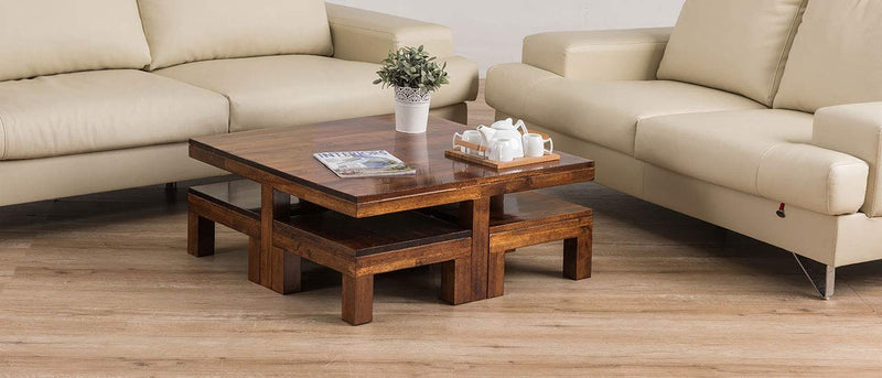 Solid Wood Coffee Table Set | Dreamer Solid Wood Coffee Table with 4 Stools (Finish Color - Teak