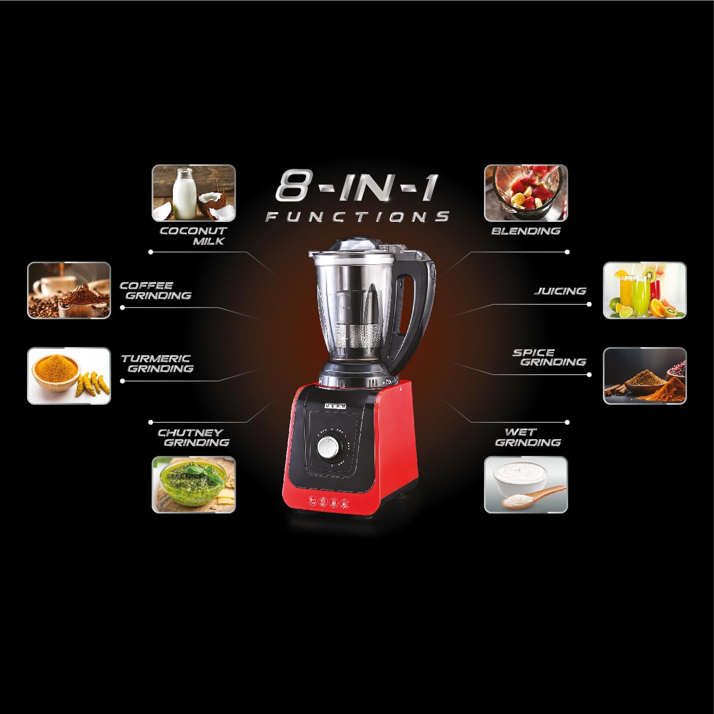 USHA ICHEF 750 Watt Copper Motor Mixer Grinder with 3 SS Jars & Translucent blender PC Jar with fruit filter| Hands Free operation with Dual Safety Lock| 2 Yr Product & 5 Yrs Motor Warranty(Red/Black)