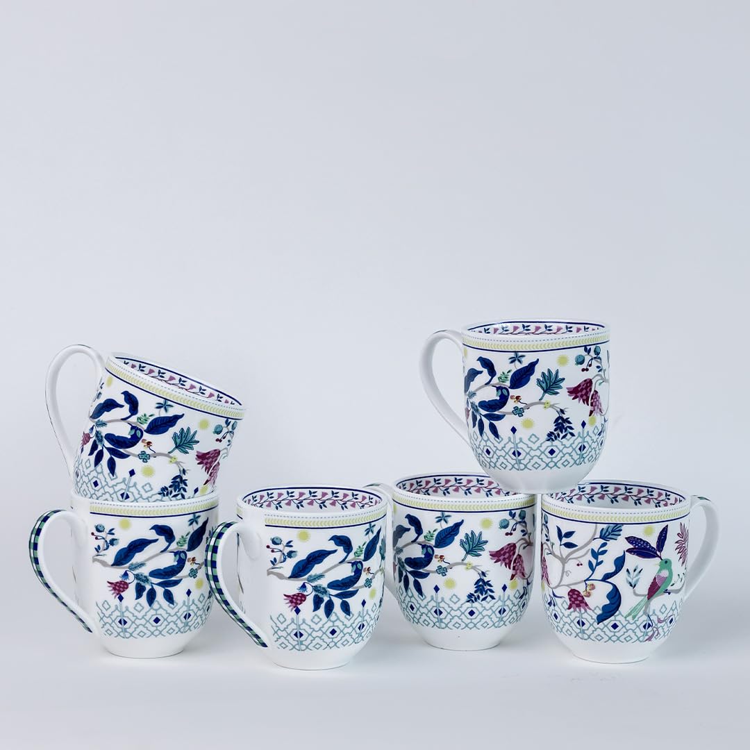 Magique by The Wishing Chair x ClayCraft : Parrot Tulip Garden Coffee Mugs Set of 6 – 250 ml Bone China Tea Cups | Floral Ceramic Mugs | Lightweight Durable Microwave & Dishwasher Safe