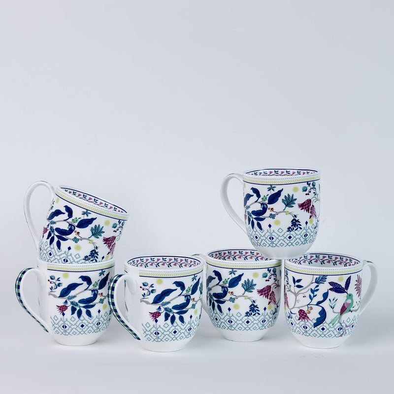 Magique by The Wishing Chair x ClayCraft : Parrot Tulip Garden Coffee Mugs Set of 6 – 250 ml Bone China Tea Cups | Floral Ceramic Mugs | Lightweight Durable Microwave & Dishwasher Safe