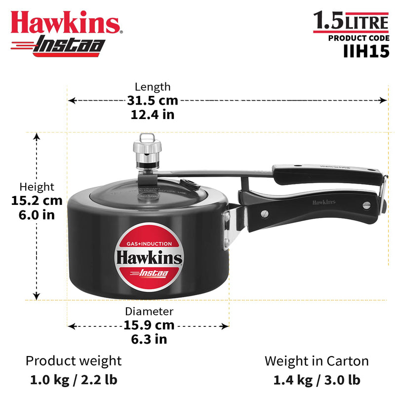 Hawkins 1.5 Litre Instaa Pressure Cooker, Induction Inner Lid Cooker, Tall Body Hard Anodised Baby Cooker, Black (IIH15)
