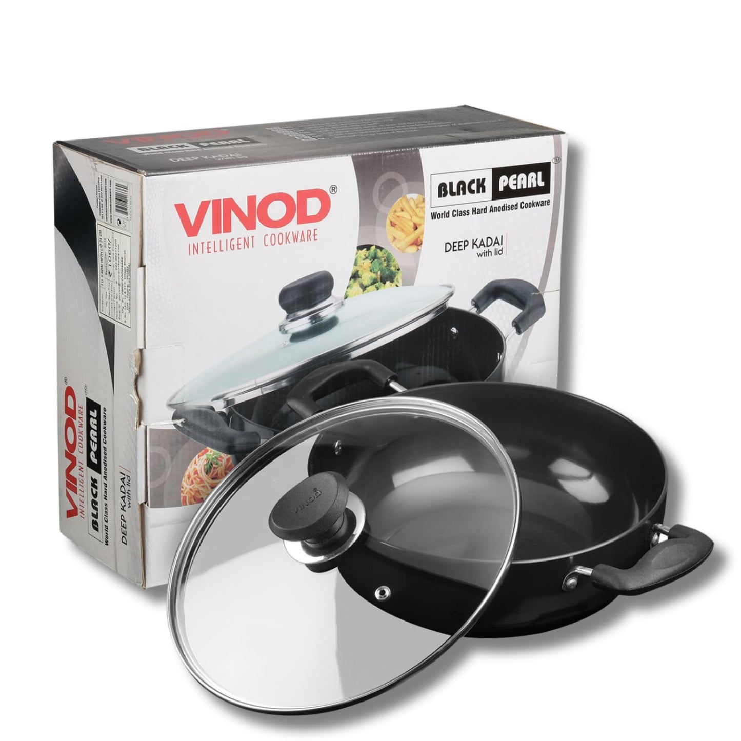 Vinod Black Pearl Hard Anodised Non Stick Deep Kadhai with Glass Lid - 9.5 LTR, 34 cm | 3.25mm Thickness | kadai for Cooking | Metal Spoon Friendly | 2 Year Warranty