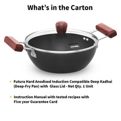 Hawkins Futura 2 Litre Deep Kadhai, Induction Deep Fry Pan, Hard Anodised Kadai with Glass Lid, Black (IAK20G)