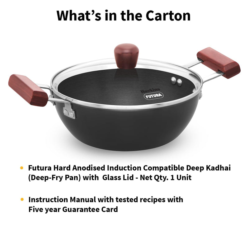 Hawkins Futura 2 Litre Deep Kadhai, Induction Deep Fry Pan, Hard Anodised Kadai with Glass Lid, Black (IAK20G)