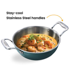 Hawkins Olive Pro 2.5 Litre Deep-Fry Pan, Triply Stainless Steel Kadhai with Stainless Steel Handles and Glass Lid, Green (POSK25G)