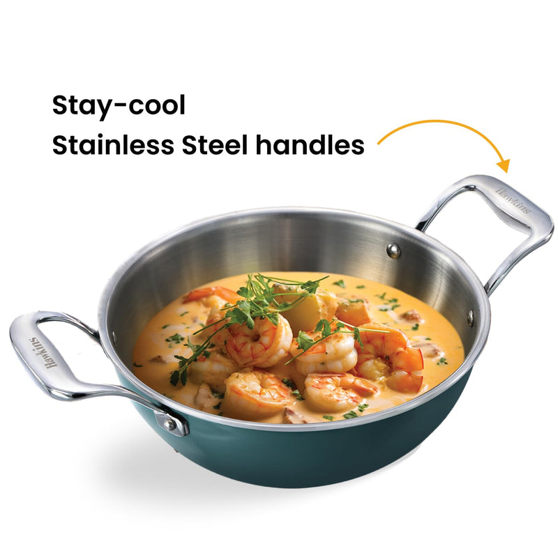 Hawkins Olive Pro 2.5 Litre Deep-Fry Pan, Triply Stainless Steel Kadhai with Stainless Steel Handles and Glass Lid, Green (POSK25G)
