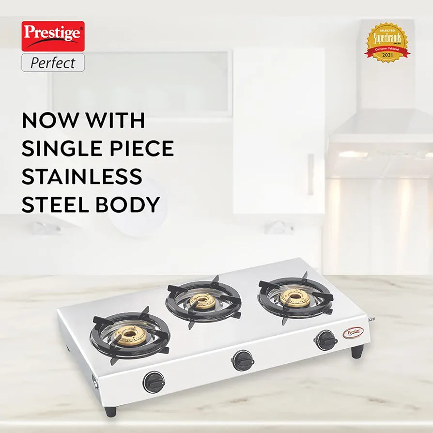 Prestige Gas Stove Perfect - Three Burner, Manual Ignition, Metallic Silver