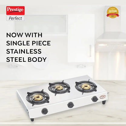 Prestige Gas Stove Perfect - Three Burner, Manual Ignition, Metallic Silver