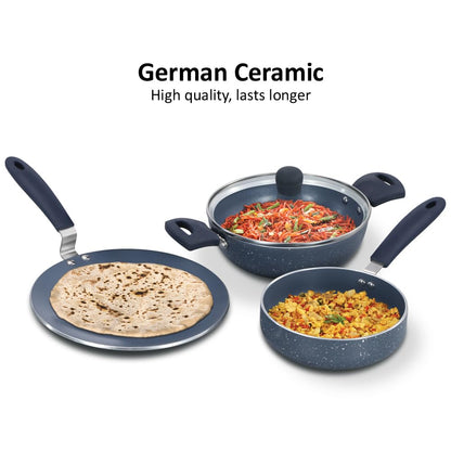 Hawkins Ceramic Nonstick 3-Piece Kitchen Gift Set - 1.75 L Deep Kadhai, 16 cm Frying Pan and 24 cm Tava, Grey (24ICGP)