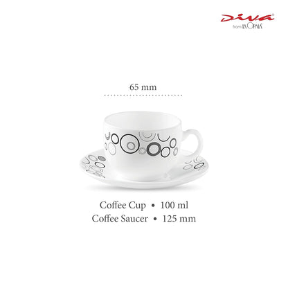 La Opala Diva, Opal Glass Crockery | Coffee Cup & Saucer Iris, Set of 12 | Misty Drops, 100 ml | for Tea & Coffee | Microwave Safe | 100% Vegetarian | Extra Strong | Super Light | Super White