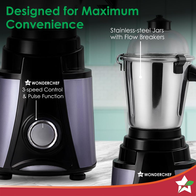 Wonderchef Galaxy Mixer Grinder 1000 W 100% Copper Motor, 4 Stainless Steel Jars, Black & Grey, 5 Years Warranty