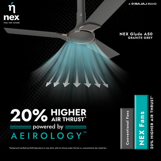 NNEX by BAJAJ Glyde A50 1200 MM | BEE 4 Star Rated Premium Ceiling Fan | 20% Higher Air Thrust* | Airfluence™ Al Blades | Adjustable Downrod | 2-Yr Warranty 【Granite Grey】