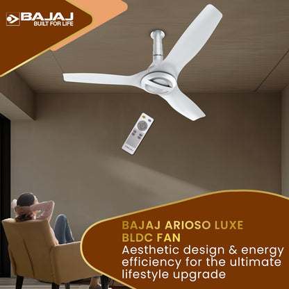 Bajaj Arioso Luxe 1200MM (48") BLDC Ceiling Fans For Home | BEE 5 Stars Rated Energy Efficient | Aerodynamically Designed Blades | Adjustable Canopy | RF Remote | 2-Yr Warranty 【White & Silve】