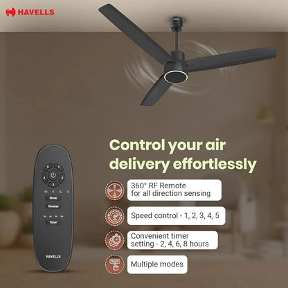 Havells FAB BLDC PRO Ceiling Fan 1200mm, 380 RPM, Savings upto 65%, Reverse Rotation, 4 Modes , Low Wattage 30W, Low Noise, Air Flow:225 CMM, 3 Year Warranty, Midnight