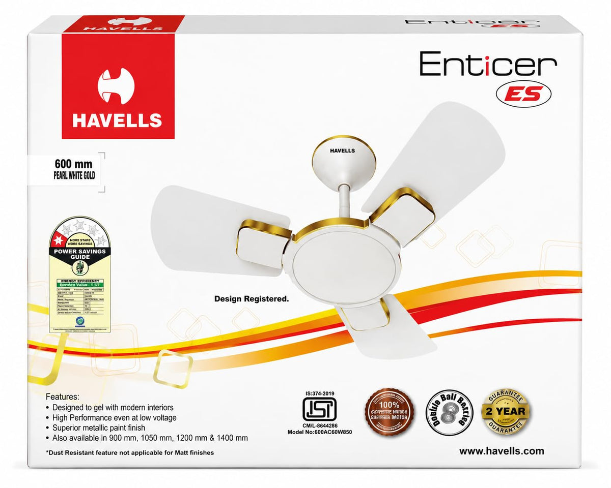 Havells Enticer ES 600mm Decorative, Dust Resistant, High Speed Ceiling Fan (Pearl White Gold)-3