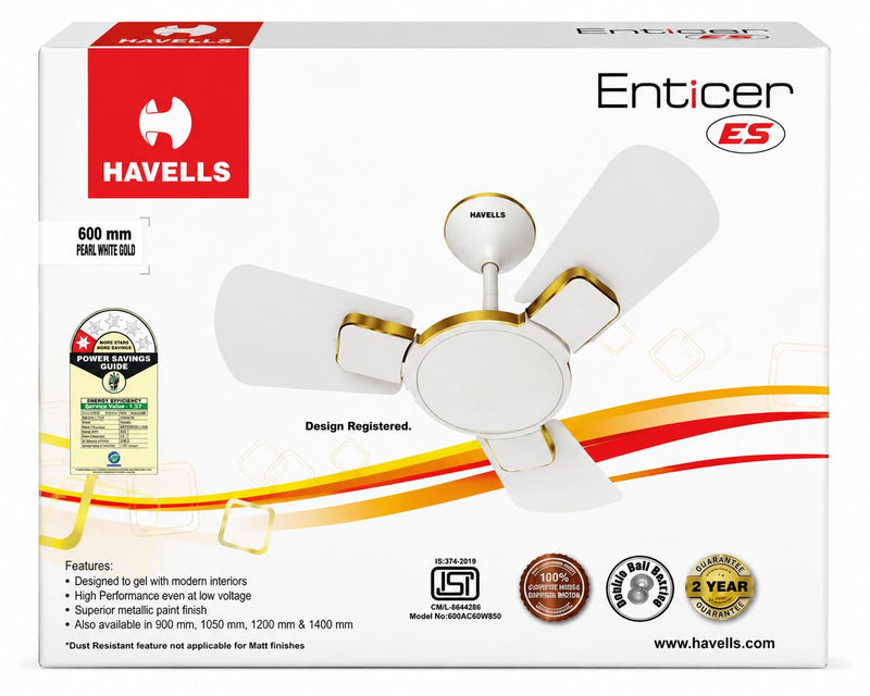 Havells Enticer ES 600mm Decorative, Dust Resistant, High Speed Ceiling Fan (Pearl White Gold)-3