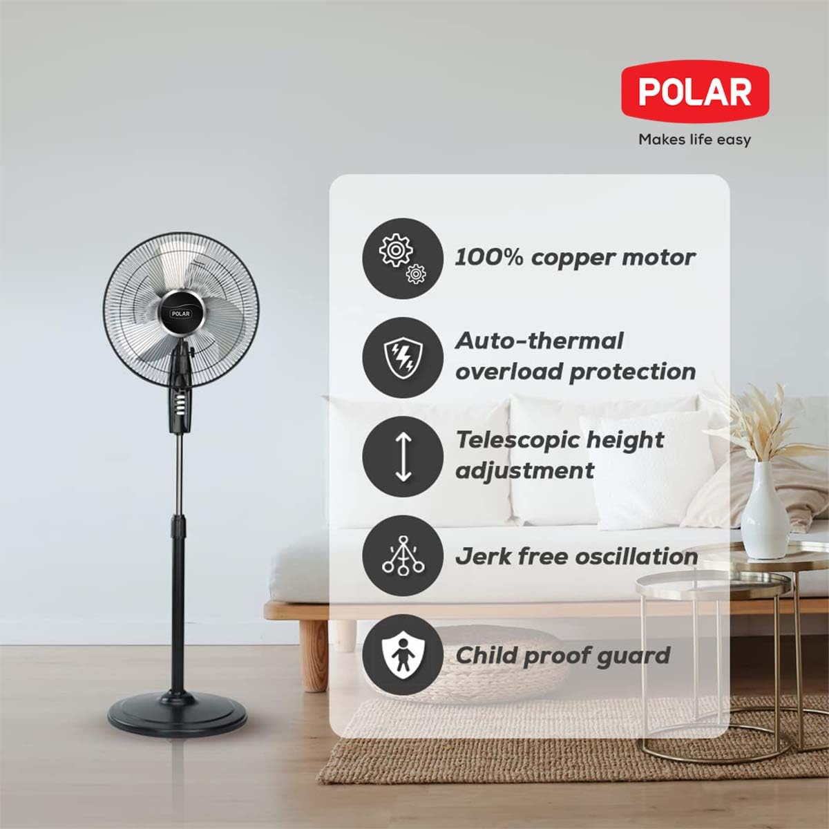 POLAR Fanny 400 mm Pedestal Fan (Black and Silver)