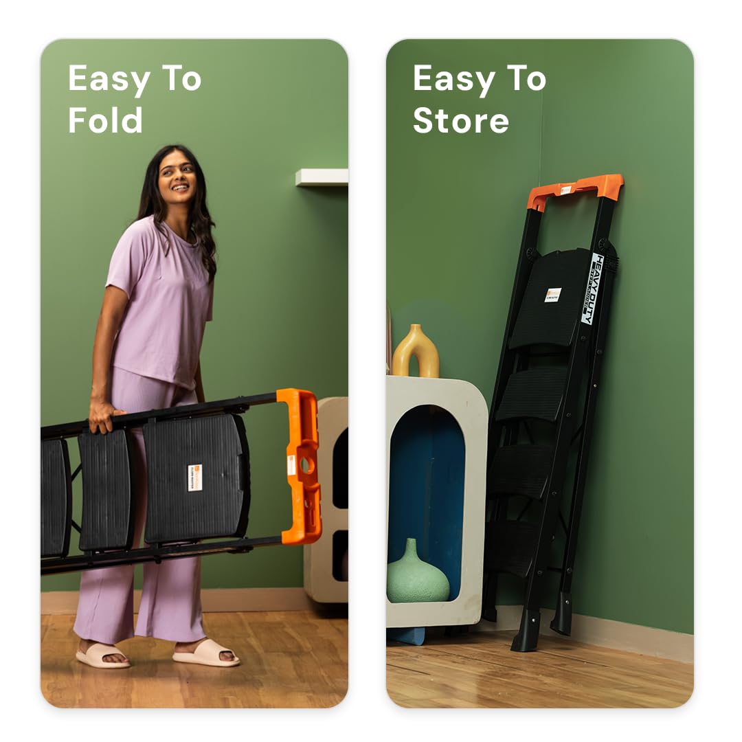 Bonkaso Alloy Steel Climb Master 7-Step Foldable Heavy Duty Ladder for Home, Indoor and Outdoor Purpose with Anti-Slip and Advanced Locking System - (Black&Orange)