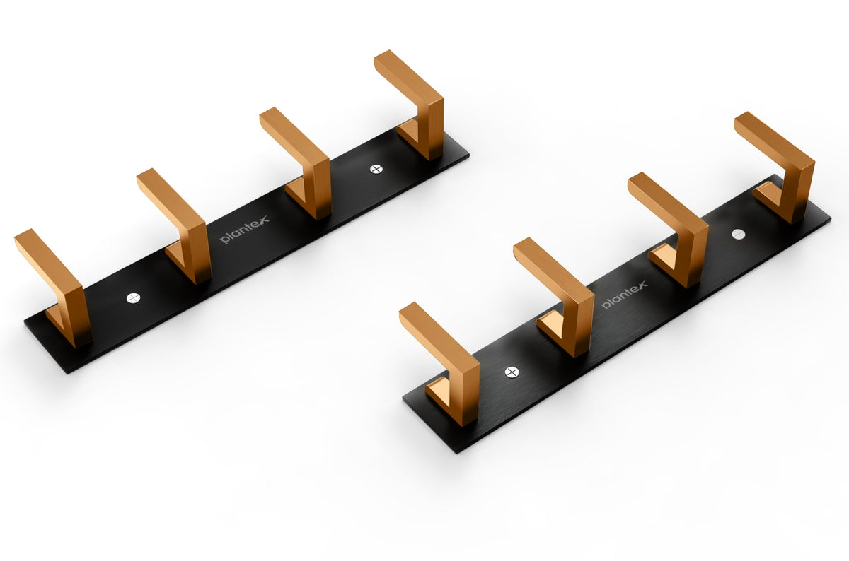 Plantex Aluminum Hook Rail with L-Shape Hook for Clothes Hanging/Hook Rail Bar for Clothes/Towel/Keys (4 Hooks/Black & Gold)-Pack of 2-1