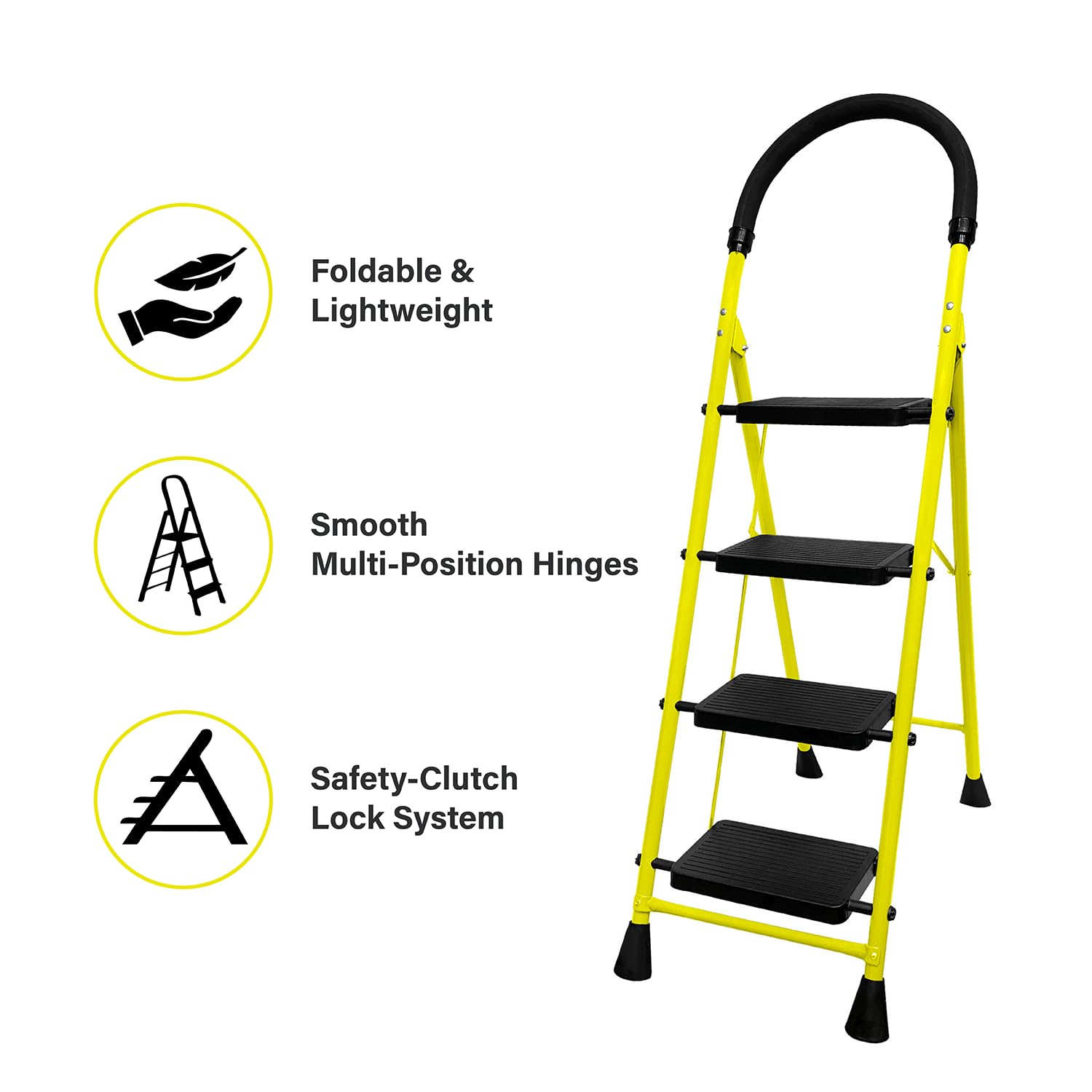 BonKaso Mild Steel Multipurpose Climb Swift 4-Step Foldable Ladder with Safety Clutch Lock, Load Capacity Upto 120kg – Anti-Slip Designed for Indoor & Outdoor Use (Yellow & Black)